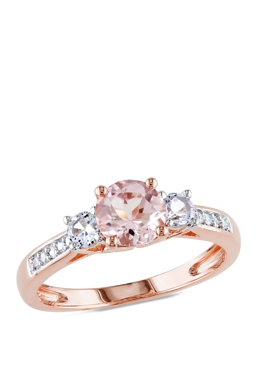 1.14 ct. t.w. Morganite, Created White Sapphire and Diamond Accent 3 Stone Ring in 10k Rose Gold