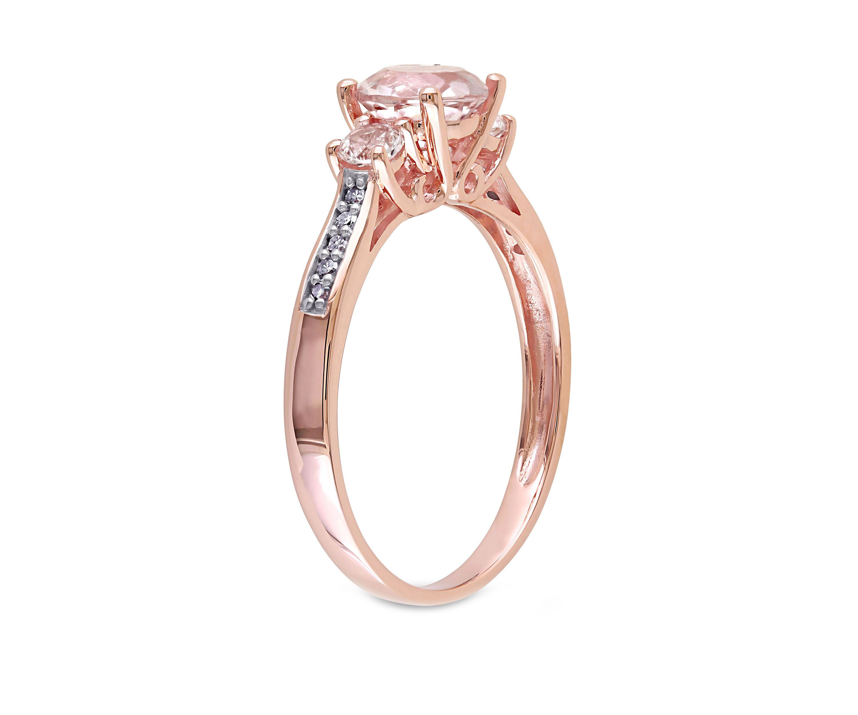 1.14 ct. t.w. Morganite, Created White Sapphire and Diamond Accent 3 Stone Ring in 10k Rose Gold