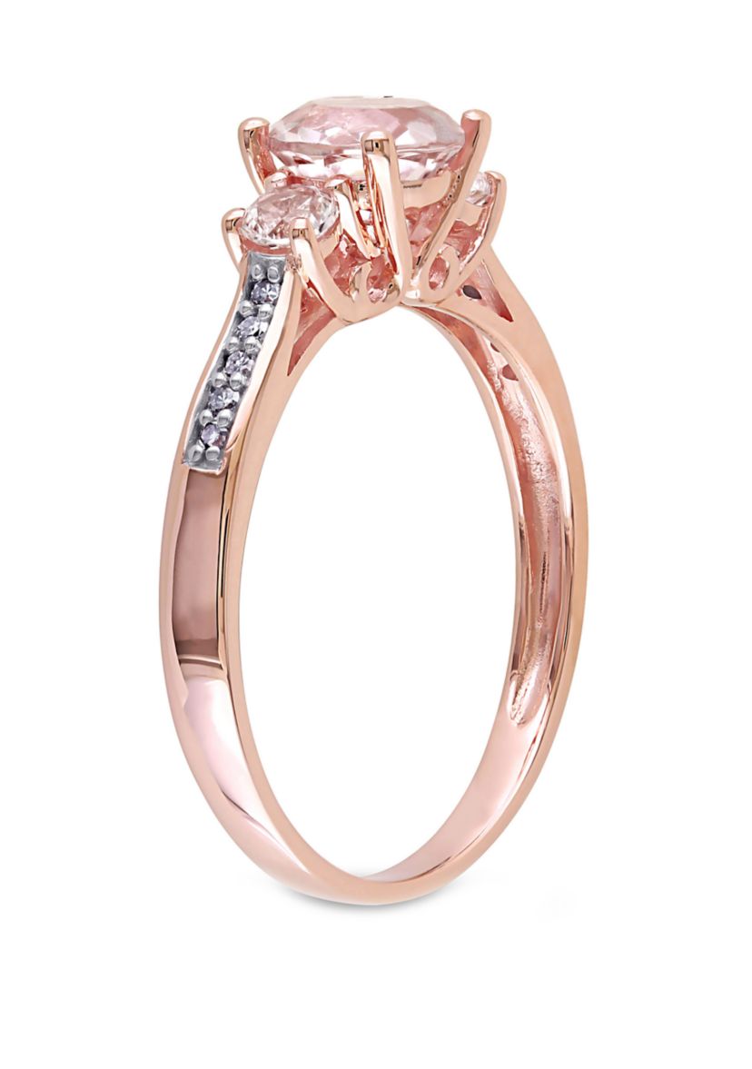 1.14 ct. t.w. Morganite, Created White Sapphire and Diamond Accent 3 Stone Ring in 10k Rose Gold