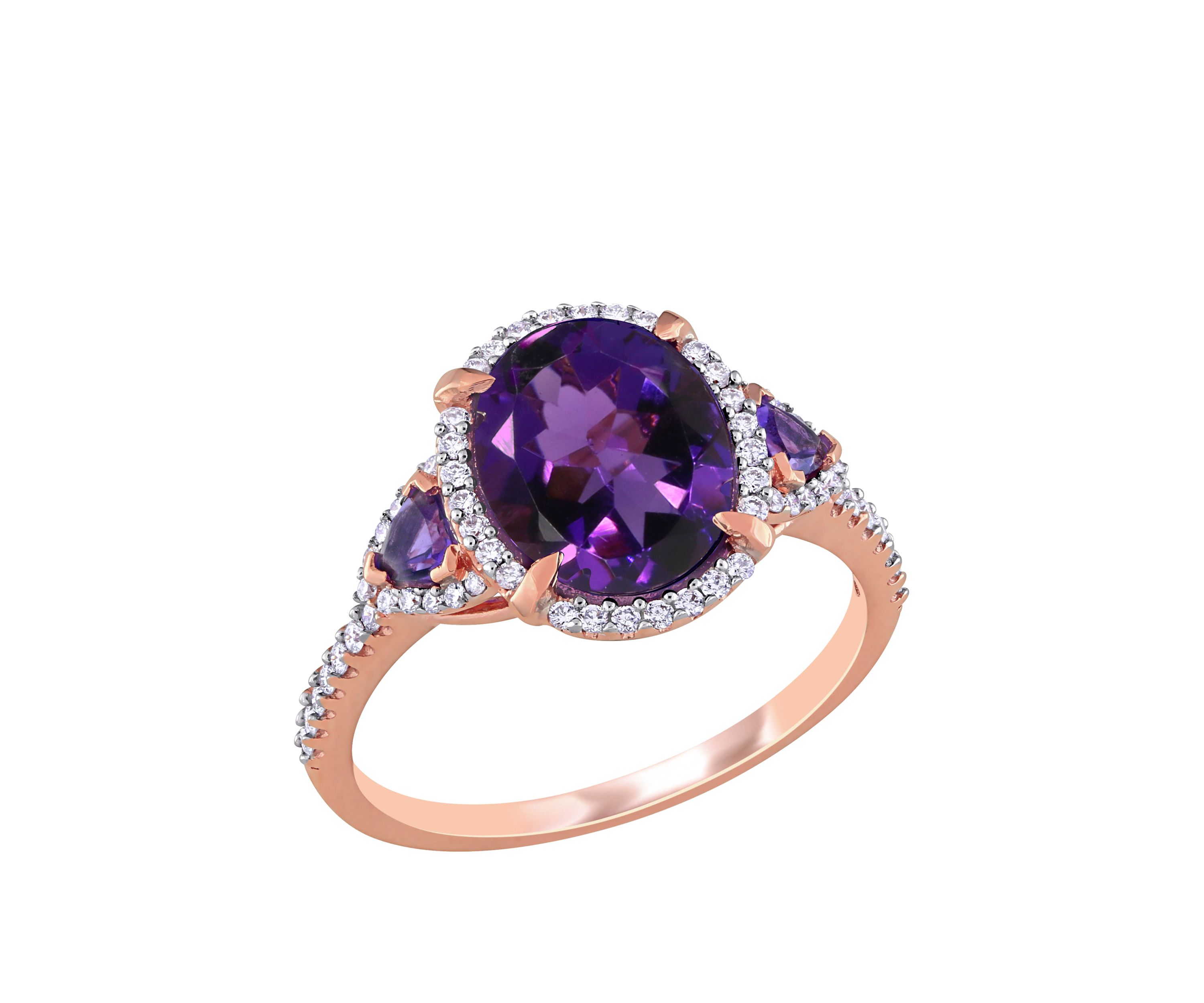  2.63 ct. t.w. Amethyst, 1/4 ct. t.w. Diamond 3 Stone Halo Ring