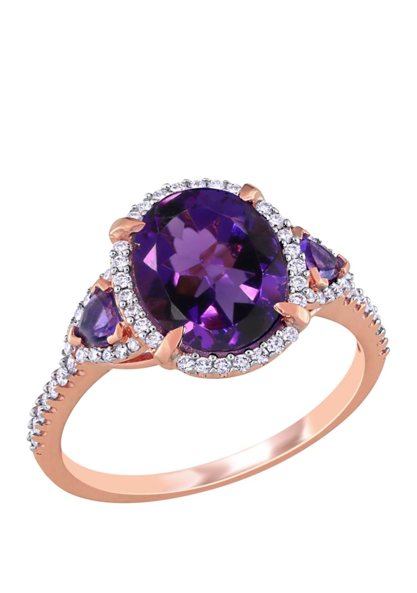  2.63 ct. t.w. Amethyst, 1/4 ct. t.w. Diamond 3 Stone Halo Ring