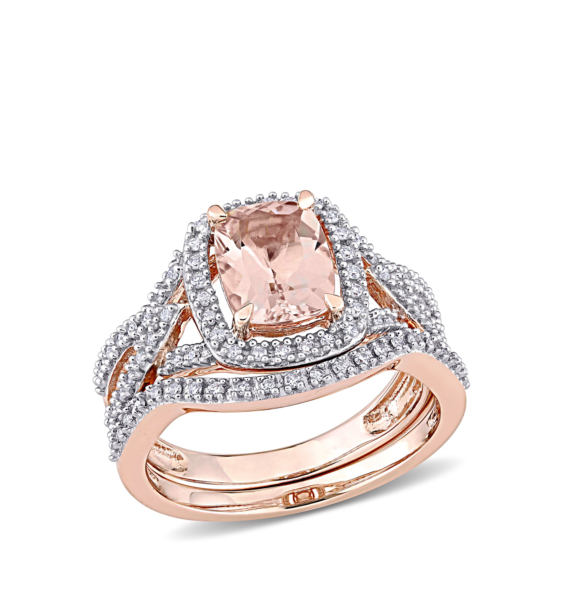 2 Piece 1.33 ct. t.w. Morganite and 1/4 ct. t.w. Diamond Crossover Bridal Ring Set in 10k Rose Gold
