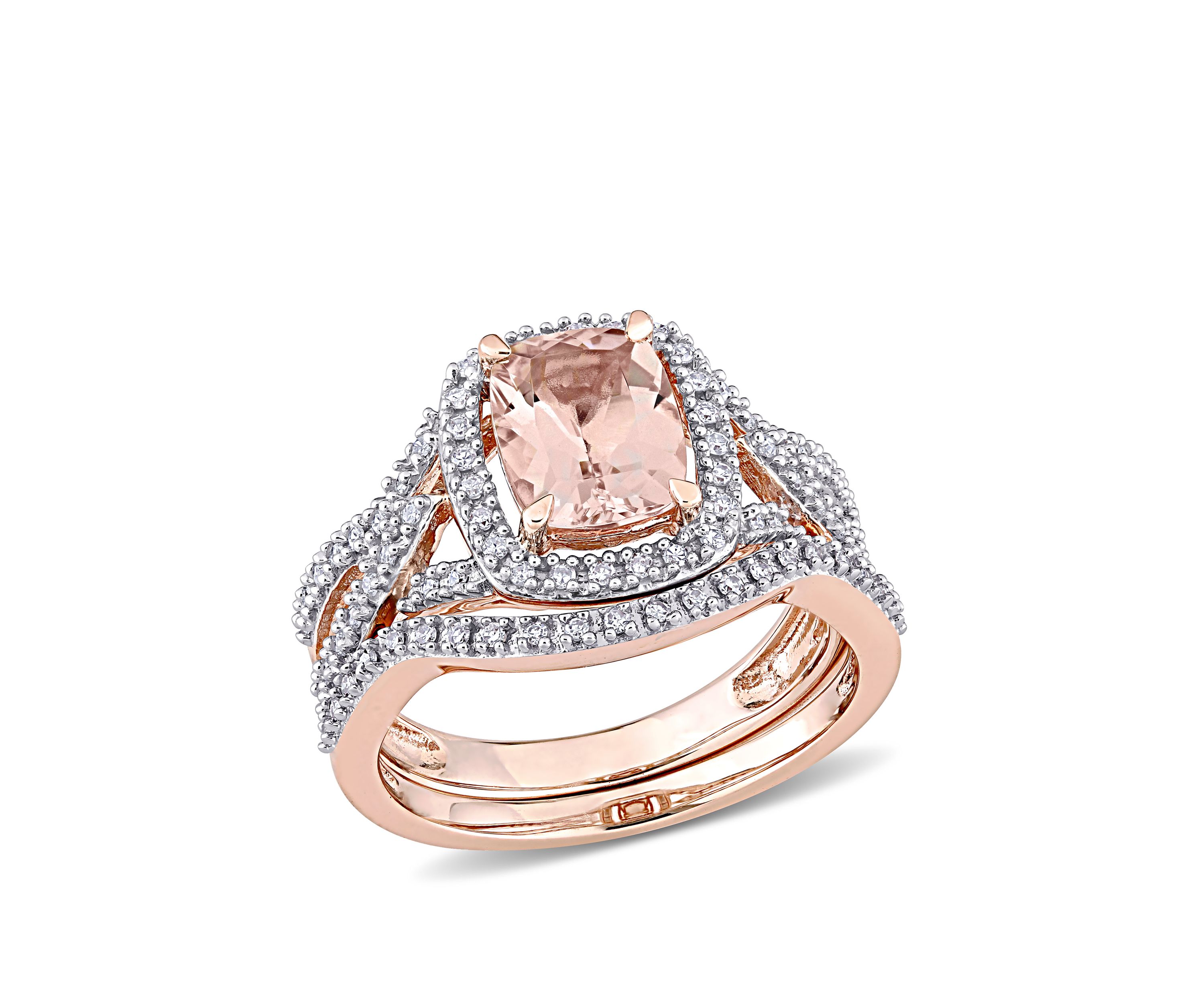 2 Piece 1.33 ct. t.w. Morganite and 1/4 ct. t.w. Diamond Crossover Bridal Ring Set in 10k Rose Gold