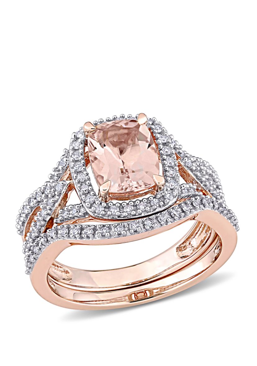 2 Piece 1.33 ct. t.w. Morganite and 1/4 ct. t.w. Diamond Crossover Bridal Ring Set in 10k Rose Gold