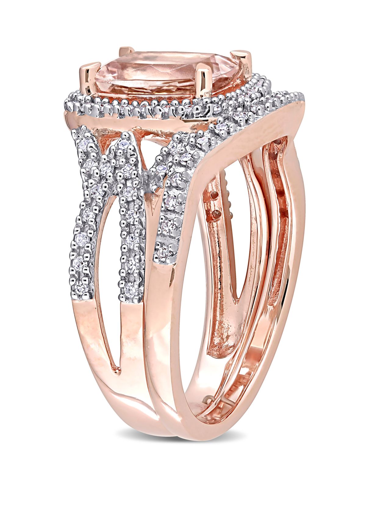 2 Piece 1.33 ct. t.w. Morganite and 1/4 ct. t.w. Diamond Crossover Bridal Ring Set in 10k Rose Gold