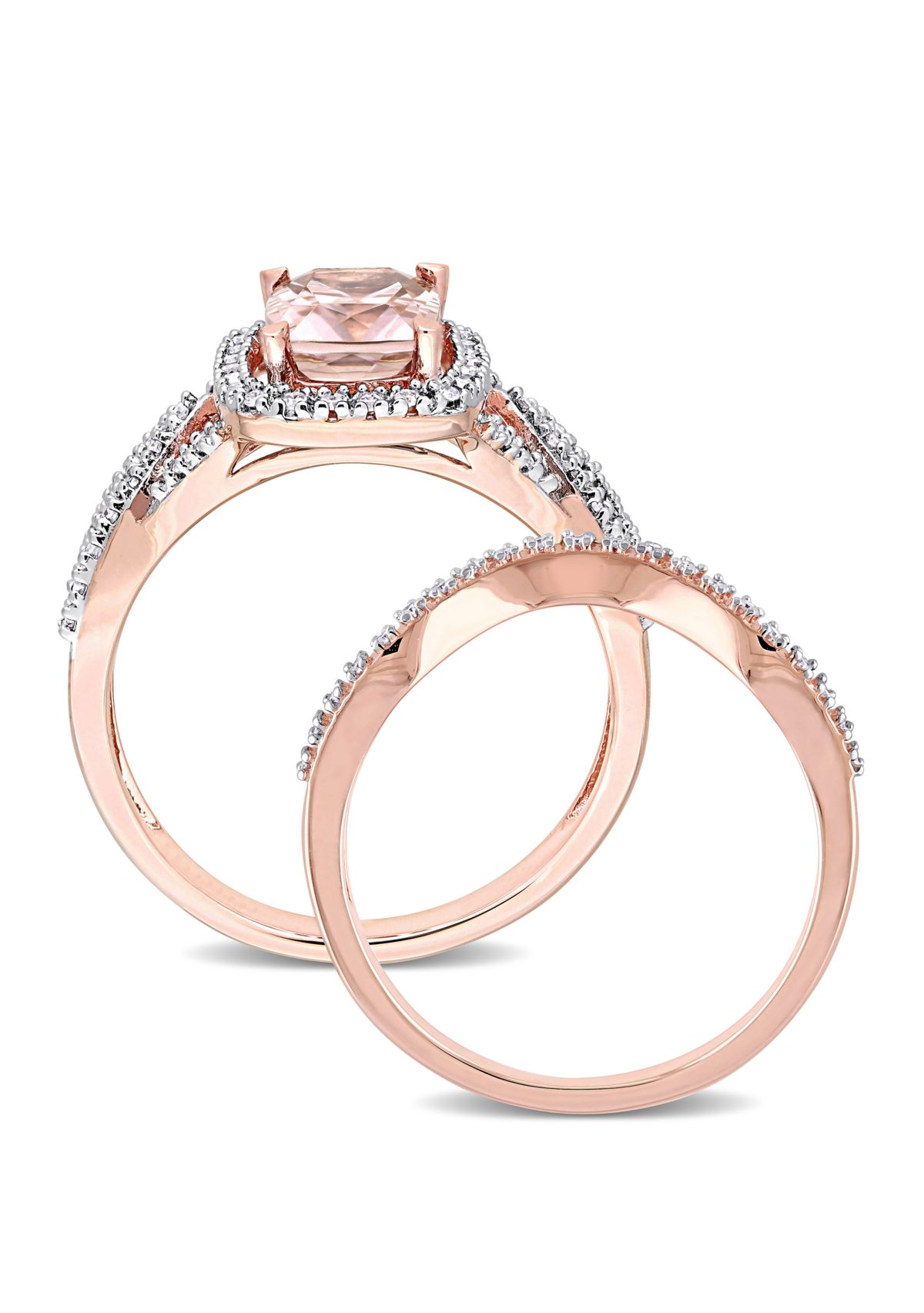 2 Piece 1.33 ct. t.w. Morganite and 1/4 ct. t.w. Diamond Crossover Bridal Ring Set in 10k Rose Gold