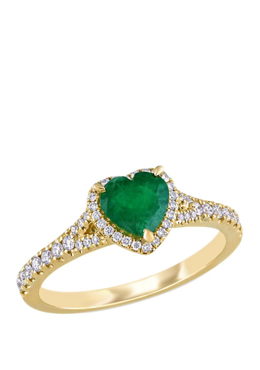 5/8 ct. t.w. Emerald and 1/4 ct. t.w. Diamond Halo Heart Ring in 14k Yellow Gold 