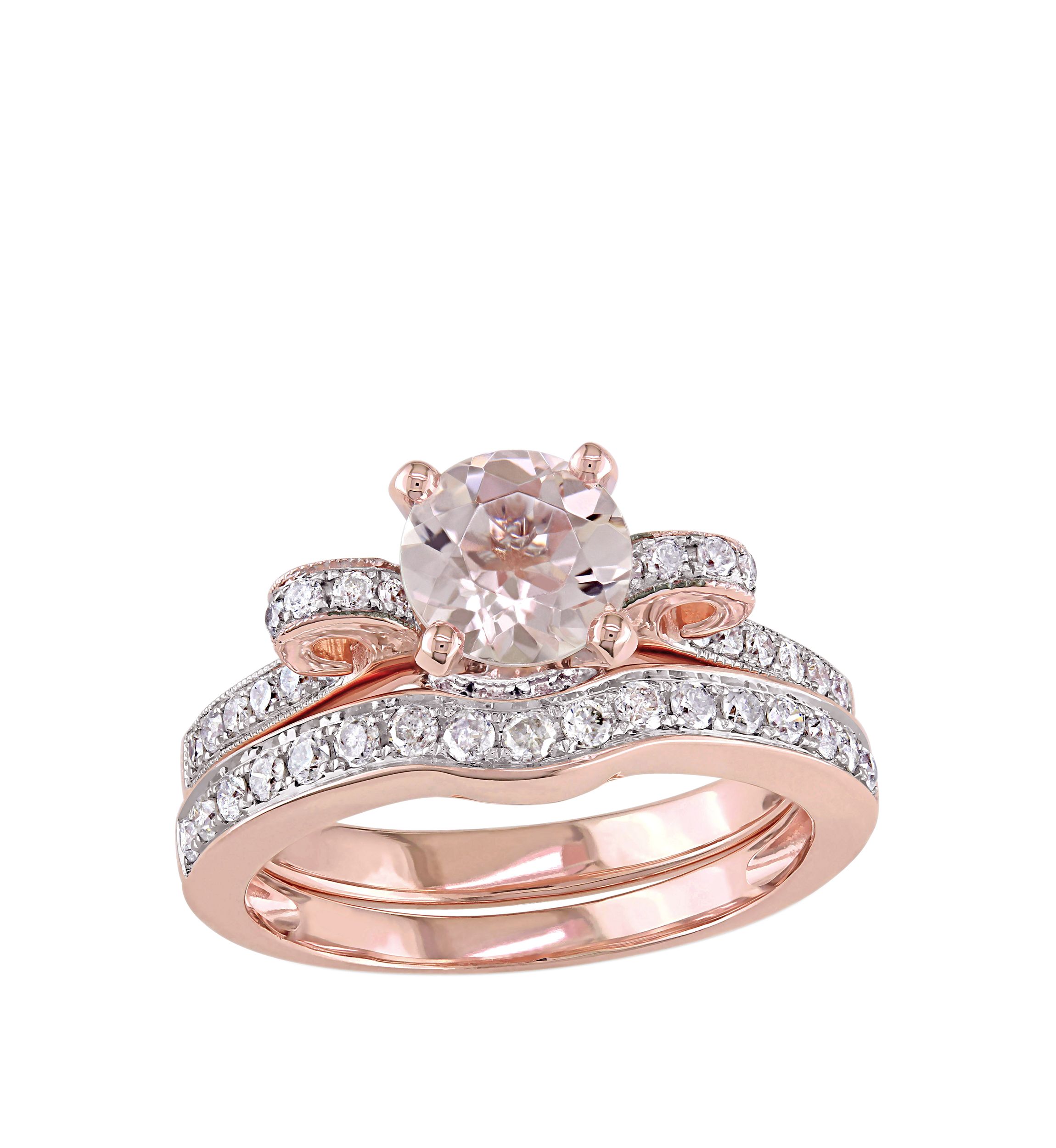 2 Piece 4/5 ct. t.w. Morganite and 1/2 ct. t.w. Diamond Split Shank Ribbon Bridal Ring Set in 14k Rose Gold