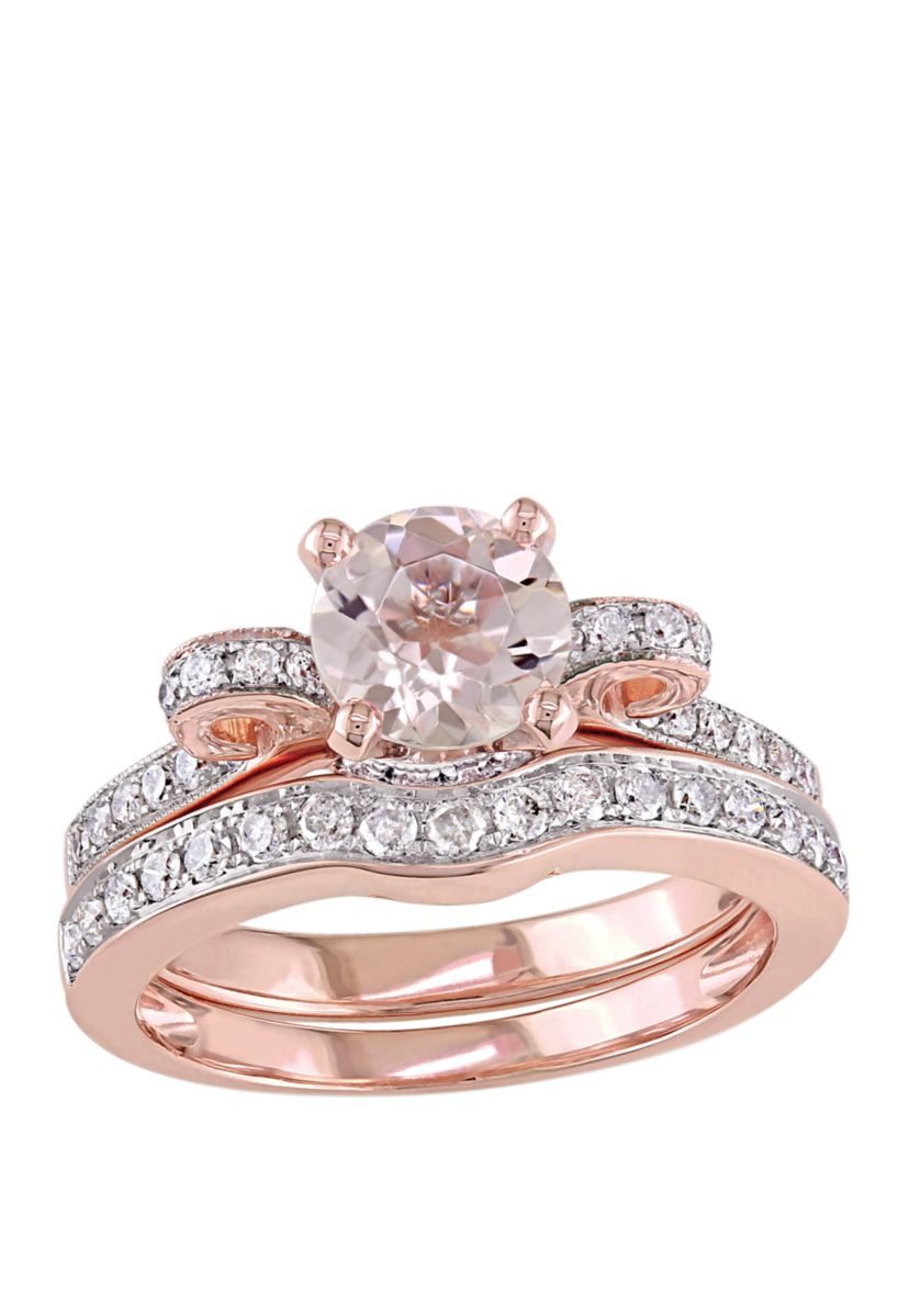 2 Piece 4/5 ct. t.w. Morganite and 1/2 ct. t.w. Diamond Split Shank Ribbon Bridal Ring Set in 14k Rose Gold