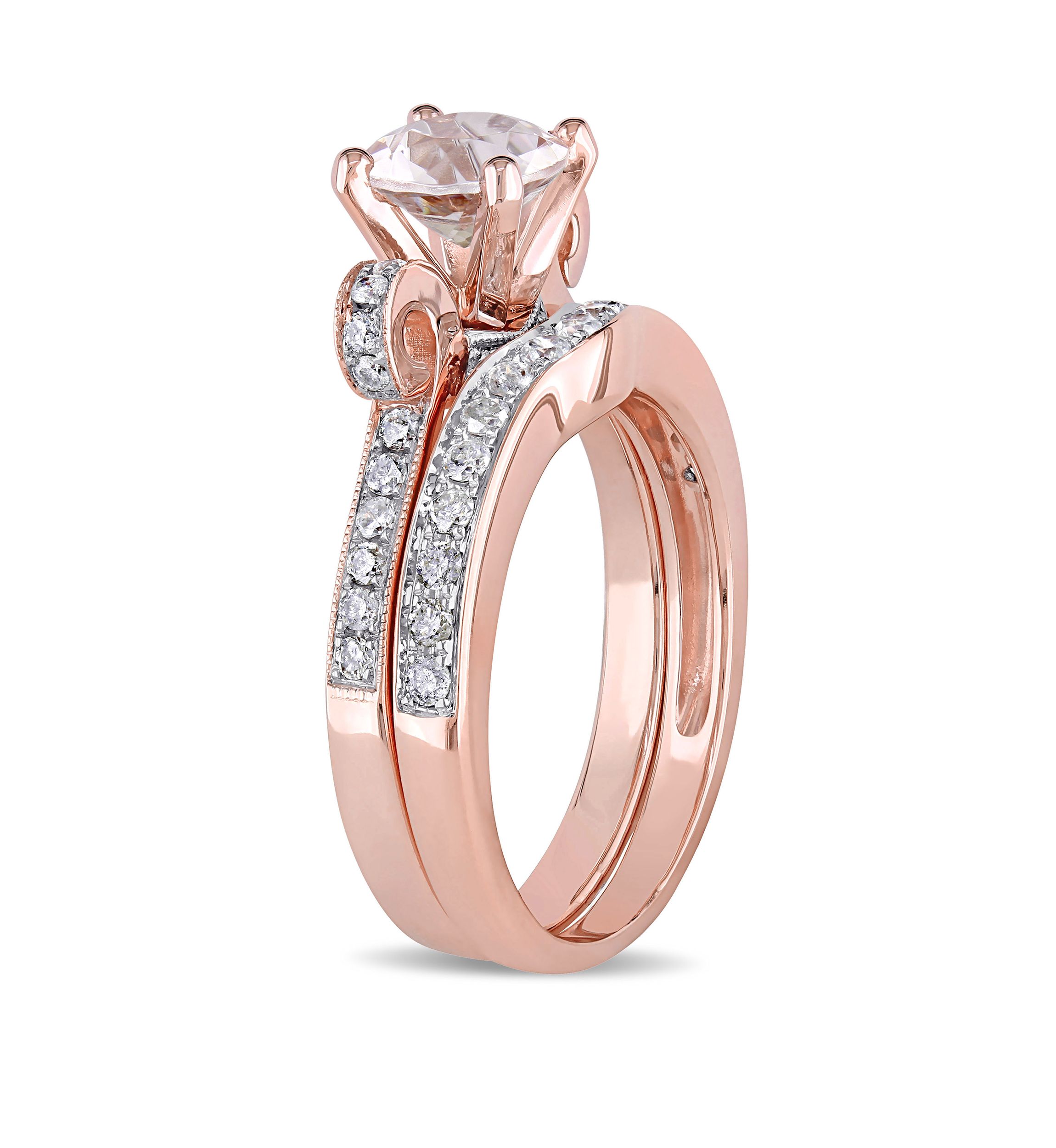 2 Piece 4/5 ct. t.w. Morganite and 1/2 ct. t.w. Diamond Split Shank Ribbon Bridal Ring Set in 14k Rose Gold