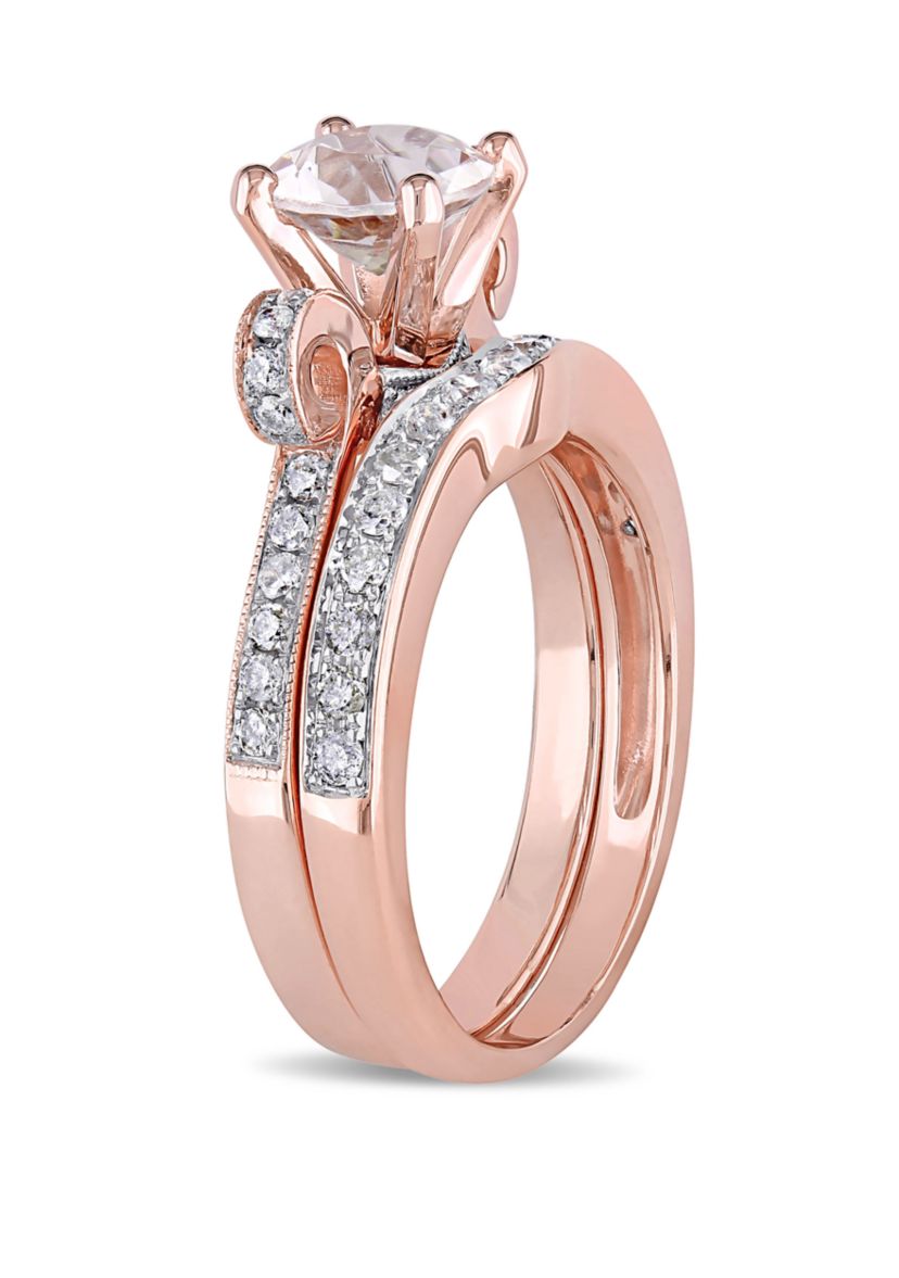 2 Piece 4/5 ct. t.w. Morganite and 1/2 ct. t.w. Diamond Split Shank Ribbon Bridal Ring Set in 14k Rose Gold