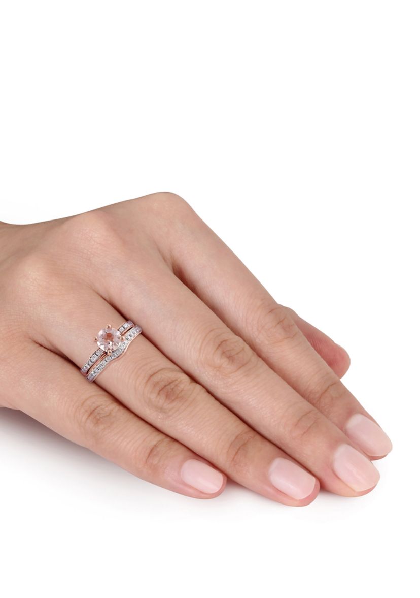 2 Piece 4/5 ct. t.w. Morganite and 1/2 ct. t.w. Diamond Split Shank Ribbon Bridal Ring Set in 14k Rose Gold