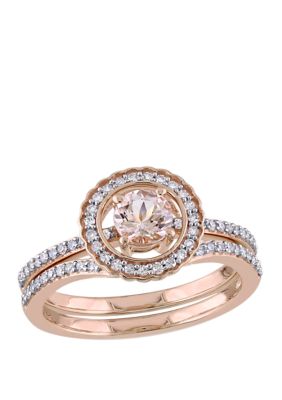 Belk & Co 2 Piece 1/2 Ct. T.w. Morganite And 1/3 Ct. T.w. Diamond Halo Interlocking Bridal Ring Set In 10K Rose Gold