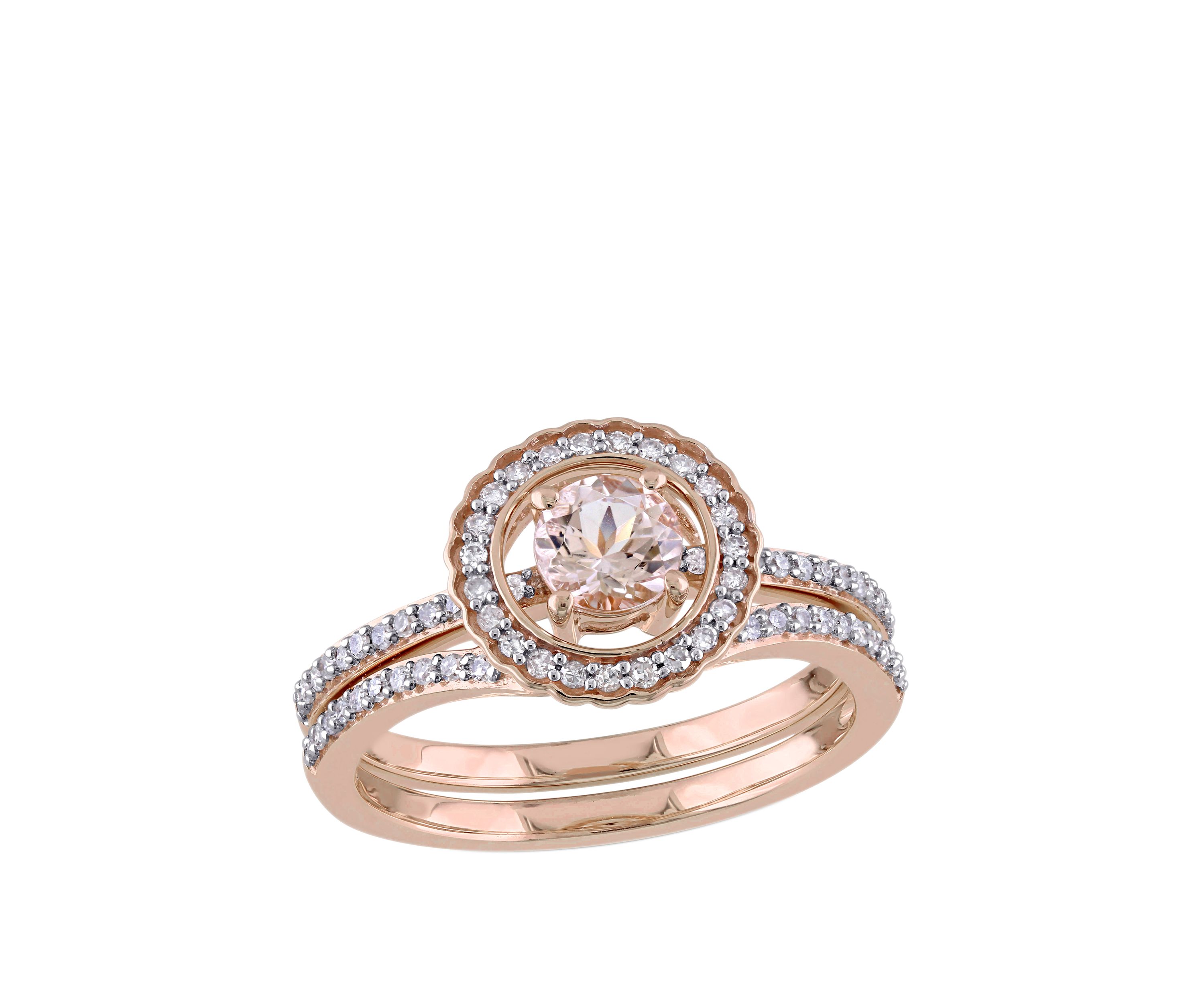 2 Piece 1/2 ct. t.w. Morganite and 1/3 ct. t.w. Diamond Halo Interlocking Bridal Ring Set in 10k Rose Gold