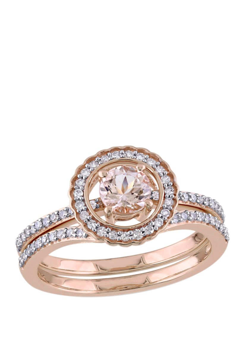 2 Piece 1/2 ct. t.w. Morganite and 1/3 ct. t.w. Diamond Halo Interlocking Bridal Ring Set in 10k Rose Gold