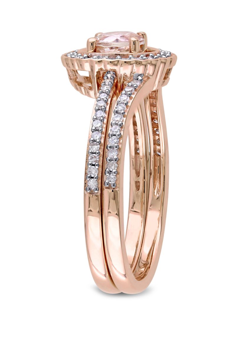 2 Piece 1/2 ct. t.w. Morganite and 1/3 ct. t.w. Diamond Halo Interlocking Bridal Ring Set in 10k Rose Gold