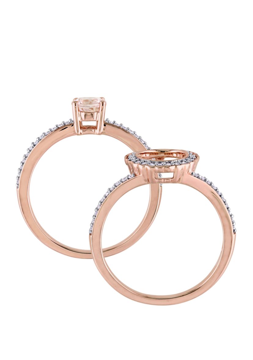 2 Piece 1/2 ct. t.w. Morganite and 1/3 ct. t.w. Diamond Halo Interlocking Bridal Ring Set in 10k Rose Gold