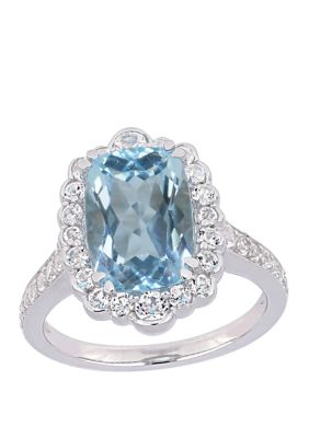 Belk & Co 5.875 Ct. T.w. Blue Topaz And White Topaz Halo Cocktail Ring In Sterling Silver