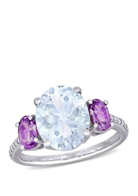 Belk & Co 3 Ct. T.w. Ice Aquamarine, 4/5 Ct. T.w. Amethyst And 1/10 Ct. T.w. Diamond 3-Stone Ring In Sterling Silver