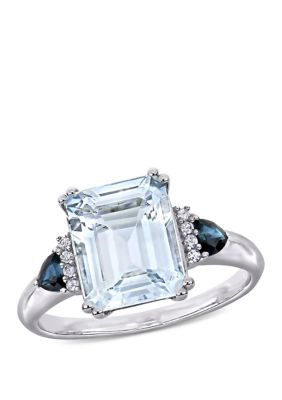 Belk & Co 3 Ct. T.w. Ice Aquamarine, 1/3 Ct. T.w. Sapphire, And 1/10 Ct. T.w. Diamond Accent 3-Stone Ring In Sterling Silver