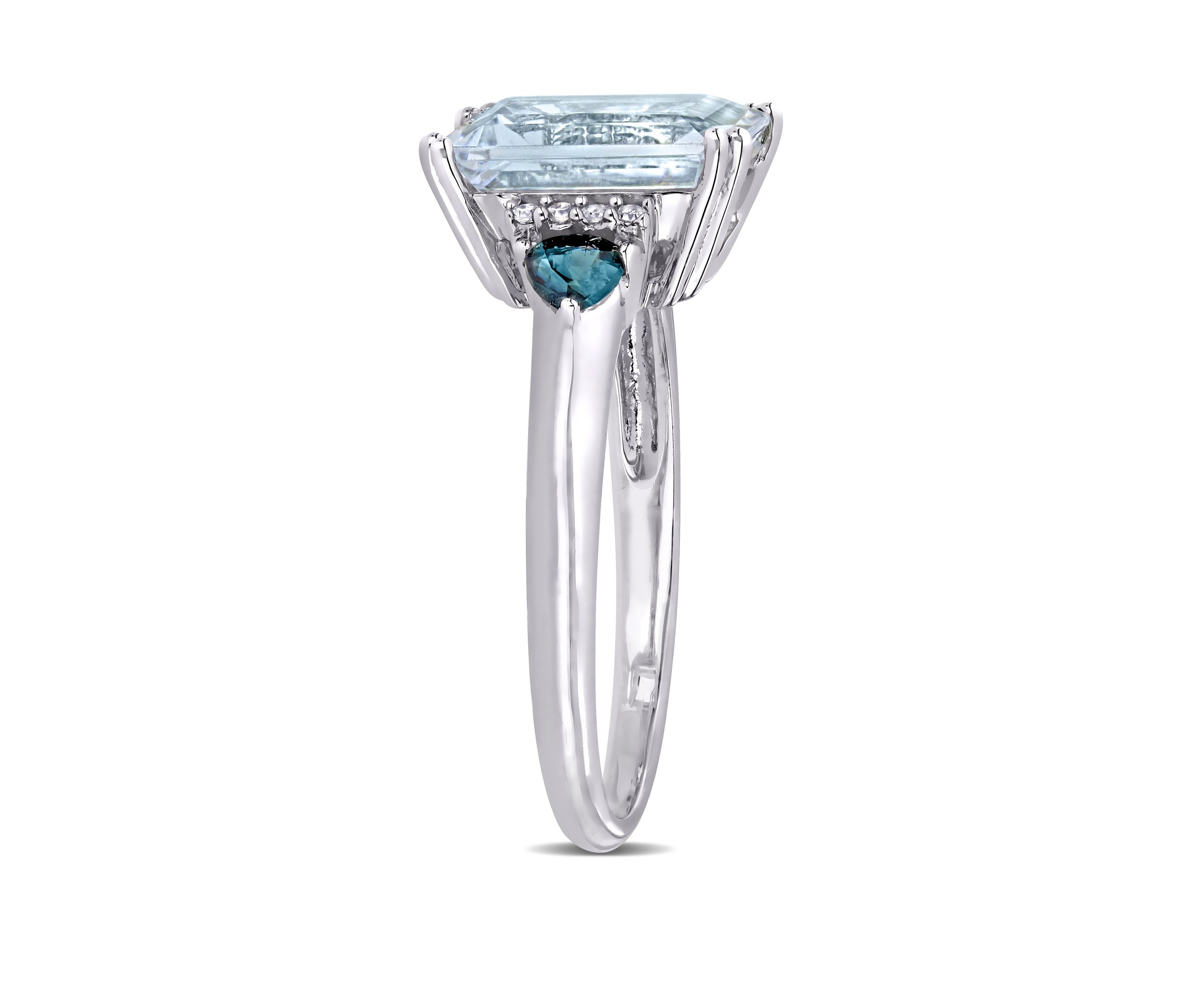  3 ct. t.w. Ice Aquamarine, 1/3 ct. t.w. Sapphire, and 1/10 ct. t.w. Diamond Accent 3-Stone Ring in Sterling Silver