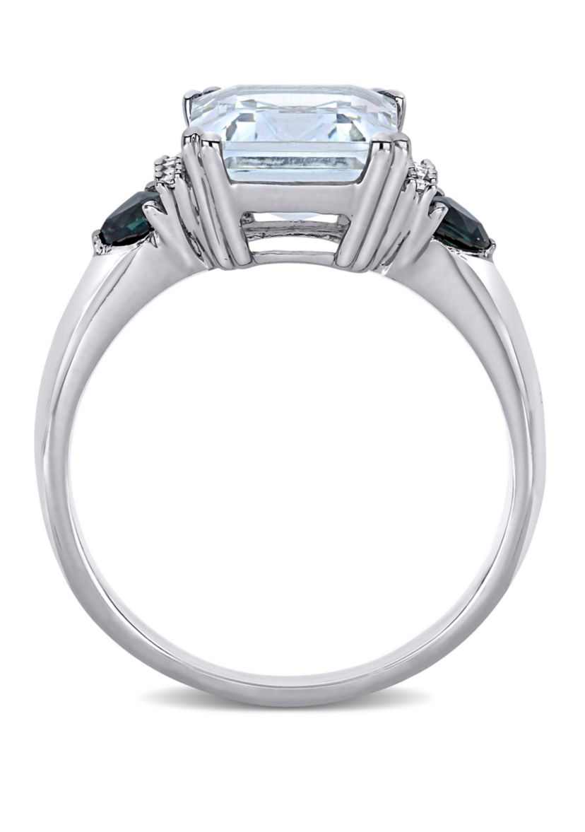  3 ct. t.w. Ice Aquamarine, 1/3 ct. t.w. Sapphire, and 1/10 ct. t.w. Diamond Accent 3-Stone Ring in Sterling Silver