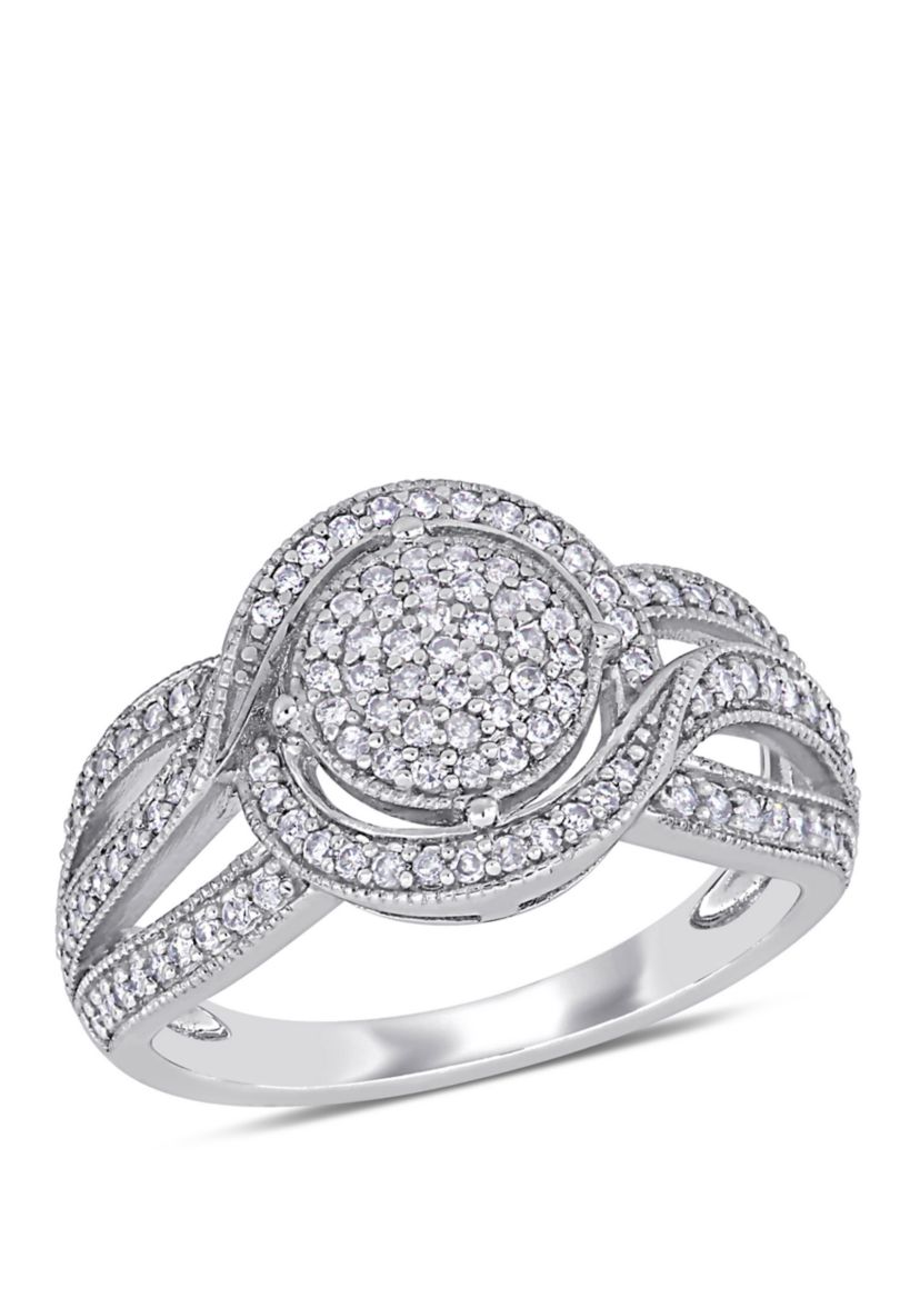 1/2 ct. t.w. Diamond Swirl Halo Triple Row Engagement Ring