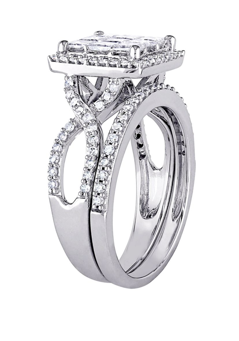 2 Piece 1.5 ct. t.w. Diamond Princess Cut Halo Bridal Set in 10k White Gold