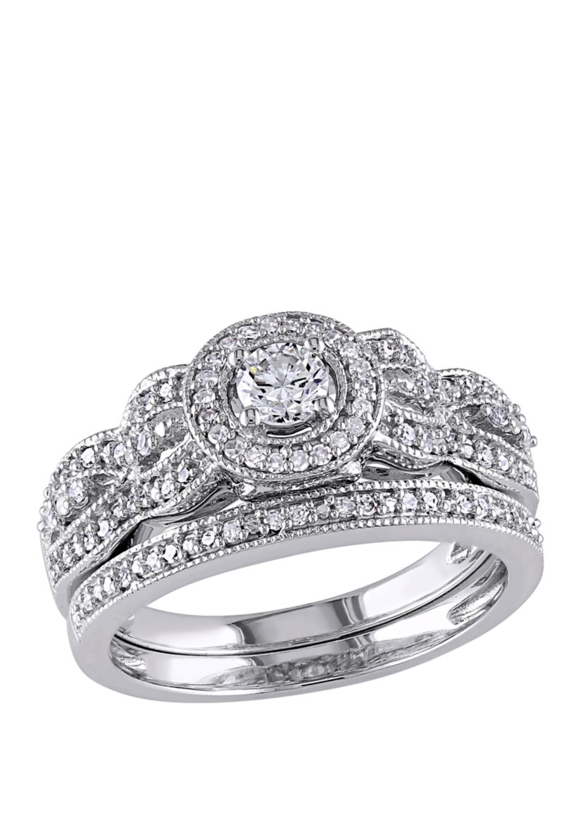  2 Piece 1/2 ct. t.w. Diamond Halo Multi Row Vintage Bridal Set in 10k White Gold 