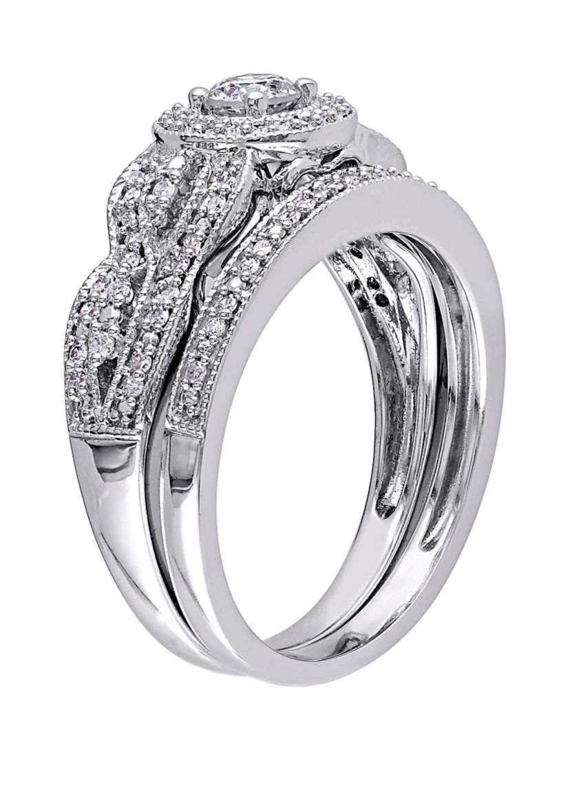  2 Piece 1/2 ct. t.w. Diamond Halo Multi Row Vintage Bridal Set in 10k White Gold 