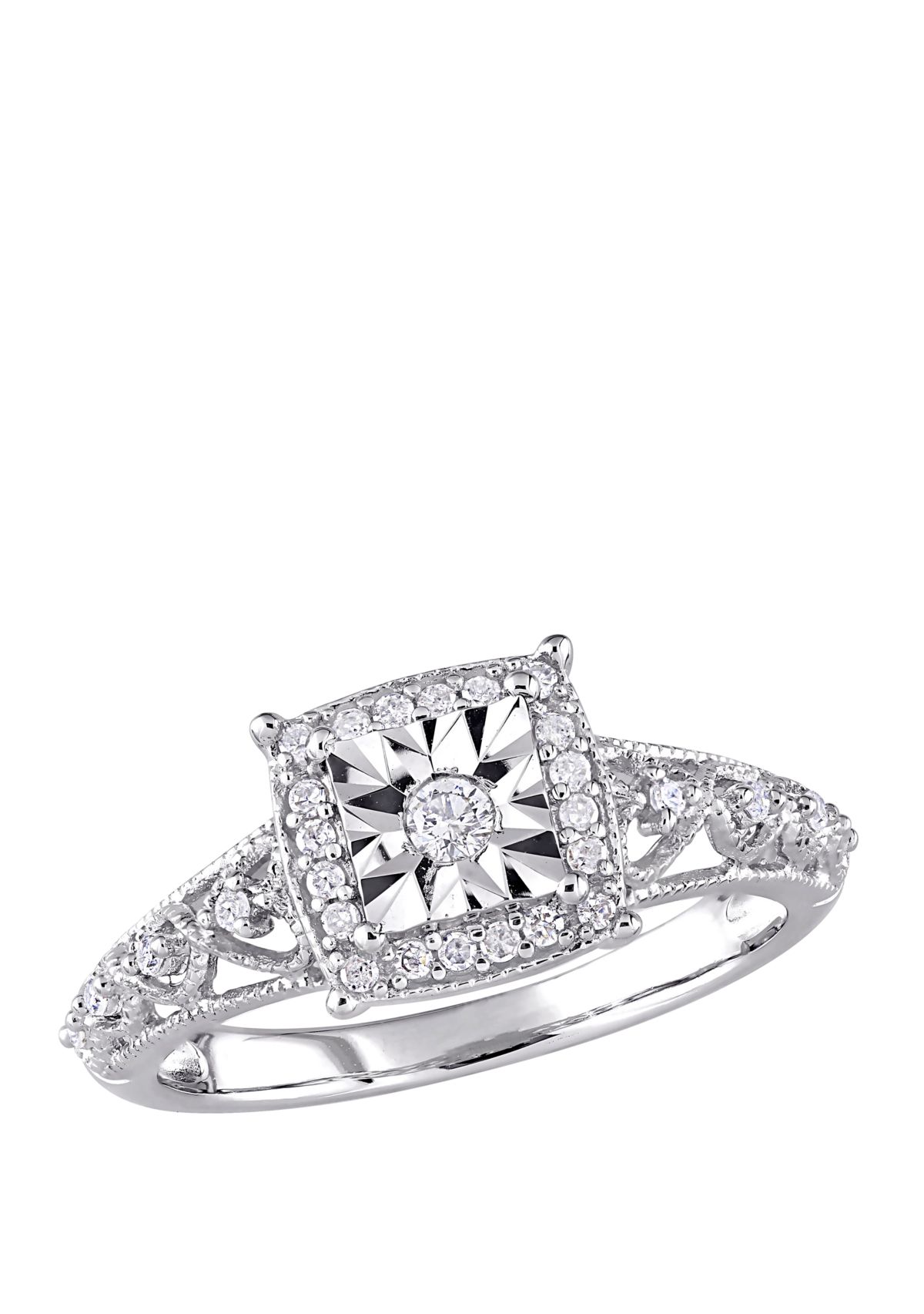 Diamond Square Halo Vintage Promise Ring in Sterling Silver