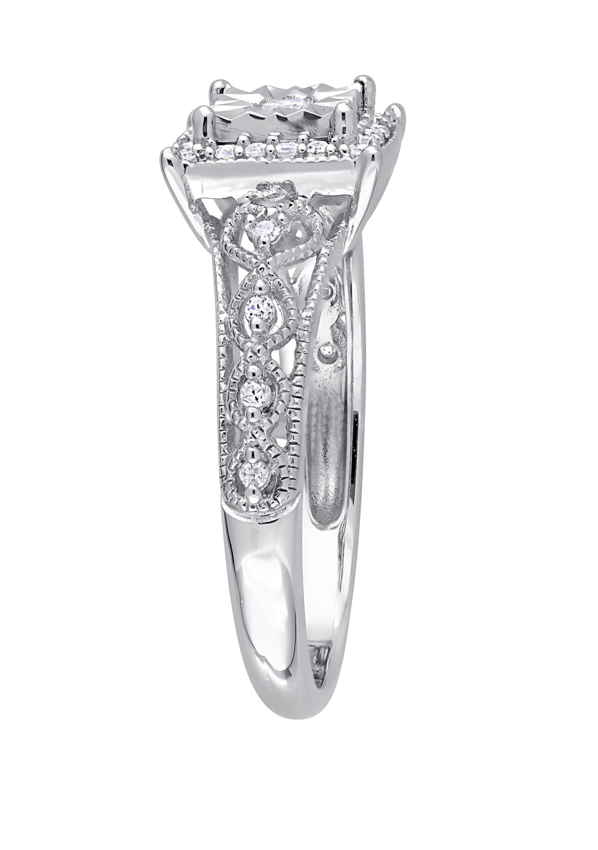 Diamond Square Halo Vintage Promise Ring in Sterling Silver