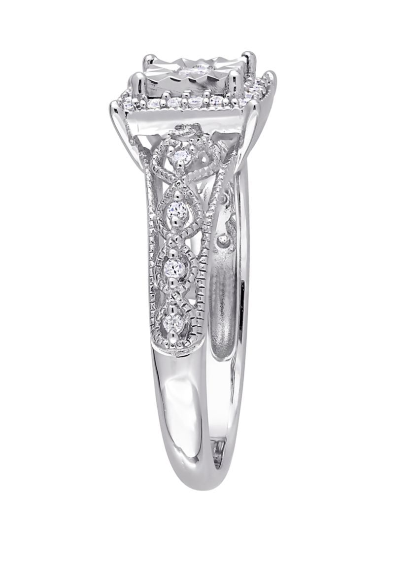 Diamond Square Halo Vintage Promise Ring in Sterling Silver