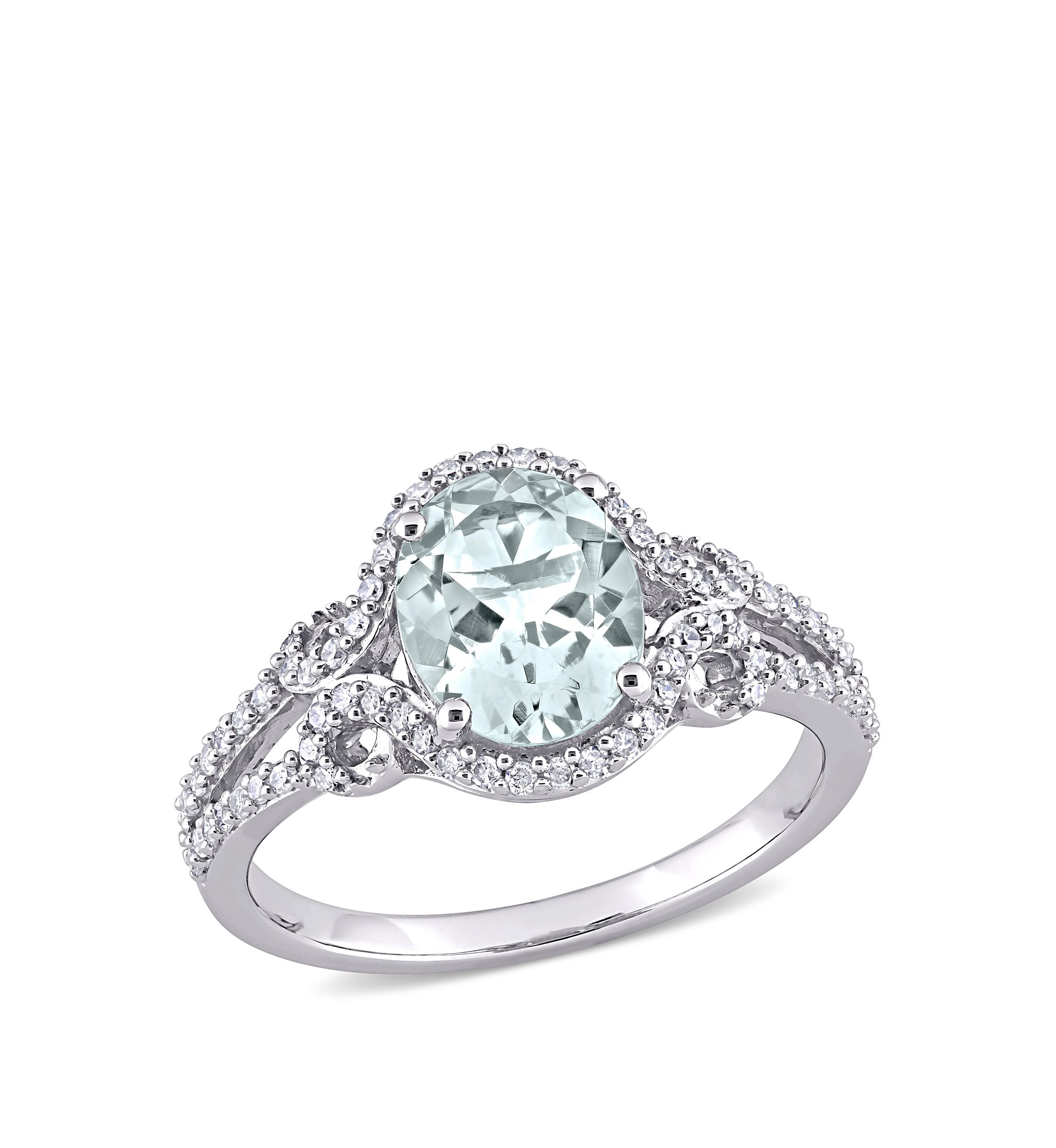 Aquamarine and Diamond Halo Split Shank Ring