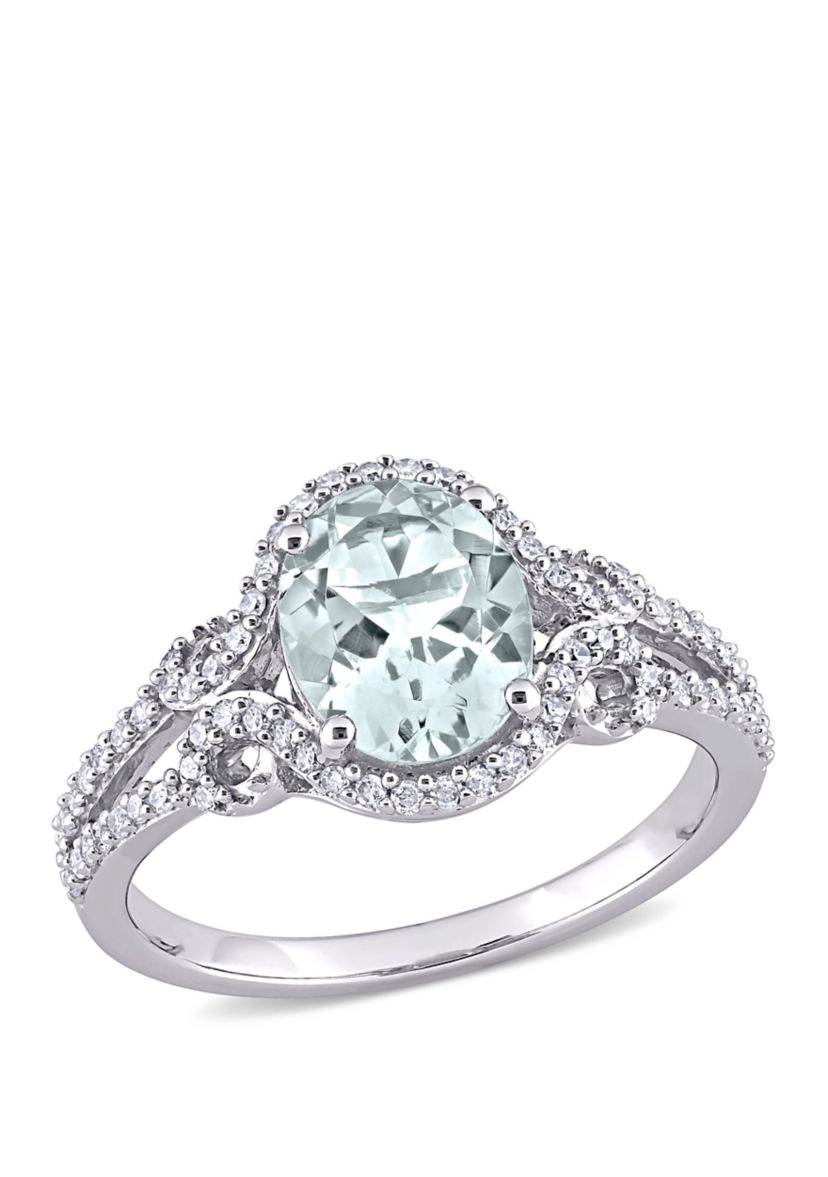 Aquamarine and Diamond Halo Split Shank Ring