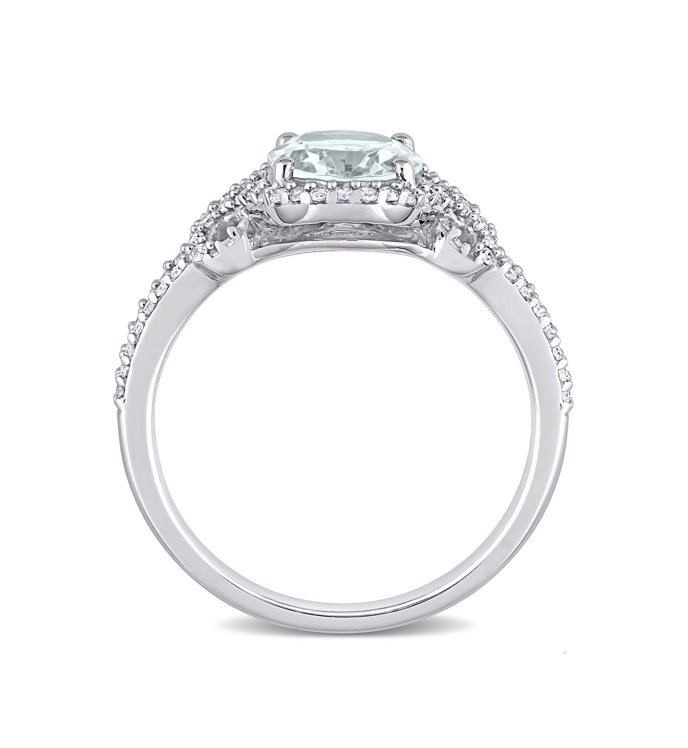 Aquamarine and Diamond Halo Split Shank Ring