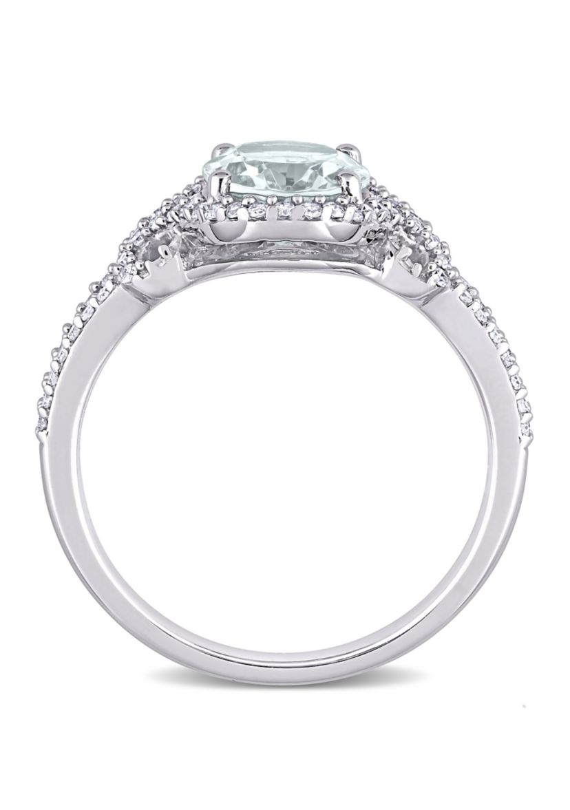 Aquamarine and Diamond Halo Split Shank Ring