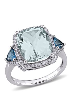 Belk & Co 5 Ct. T.w. Aquamarine, 3/5 Ct. T.w. Blue Topaz, And 1/3 Ct. T.w. Diamond 3 Stone Halo Ring