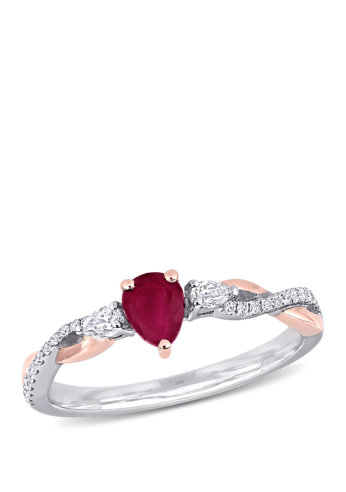 2/5 ct. t.w. Ruby and 1/5 ct. t.w. Diamond 3 Stone Promise Ring in 14K White and Rose Gold 