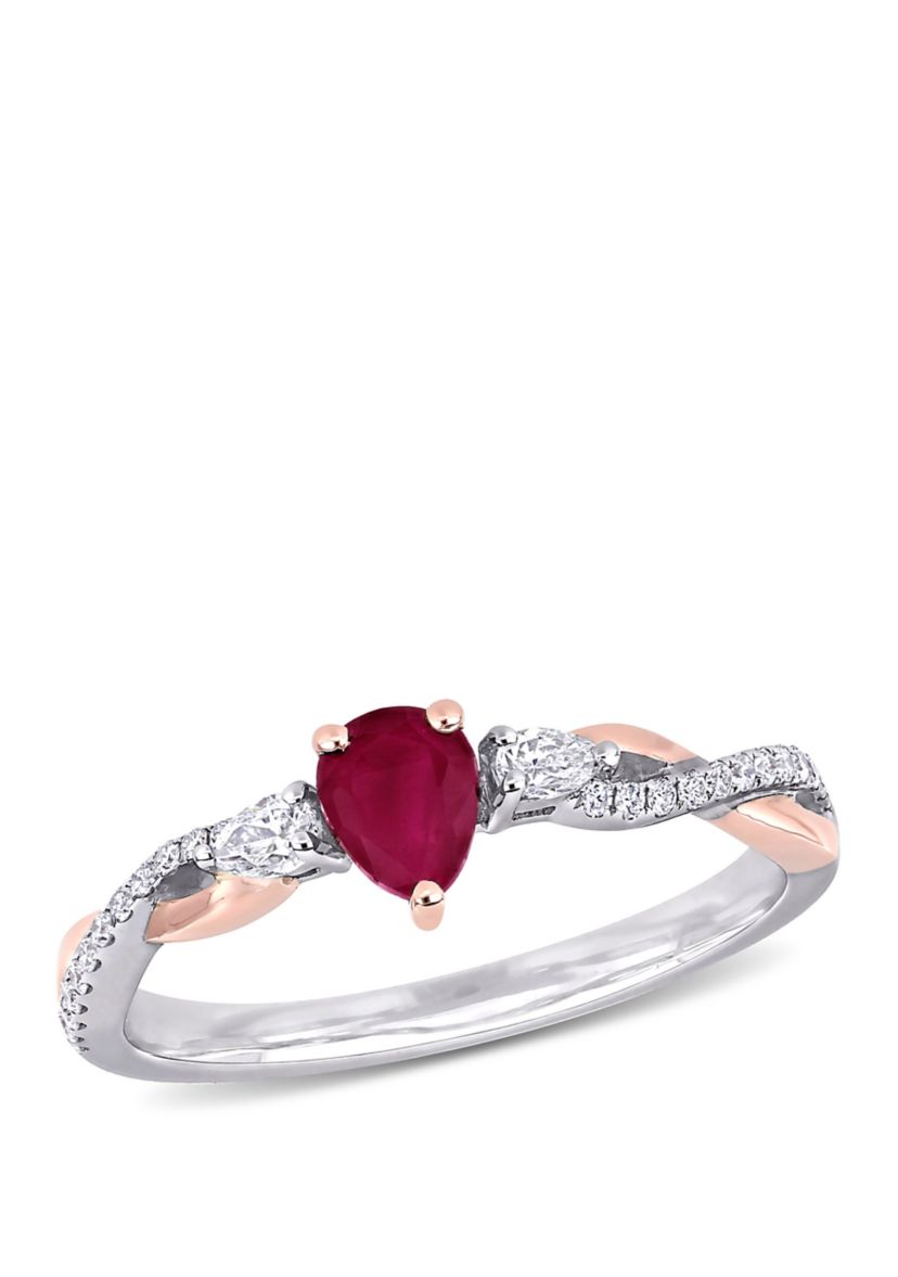 2/5 ct. t.w. Ruby and 1/5 ct. t.w. Diamond 3 Stone Promise Ring in 14K White and Rose Gold 