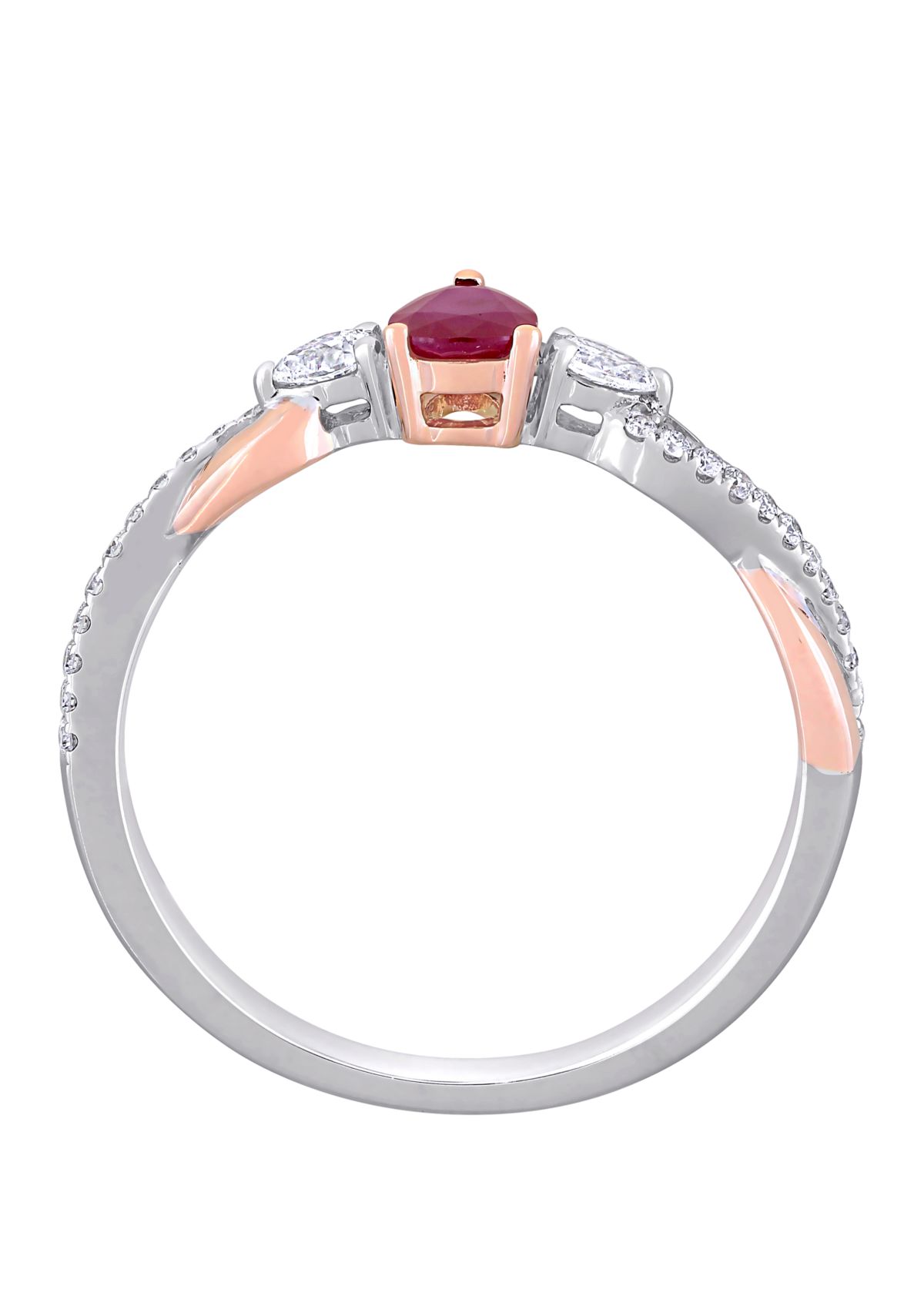 2/5 ct. t.w. Ruby and 1/5 ct. t.w. Diamond 3 Stone Promise Ring in 14K White and Rose Gold 