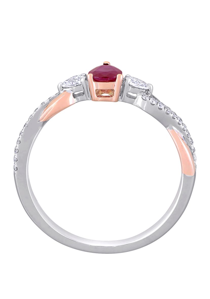 2/5 ct. t.w. Ruby and 1/5 ct. t.w. Diamond 3 Stone Promise Ring in 14K White and Rose Gold 