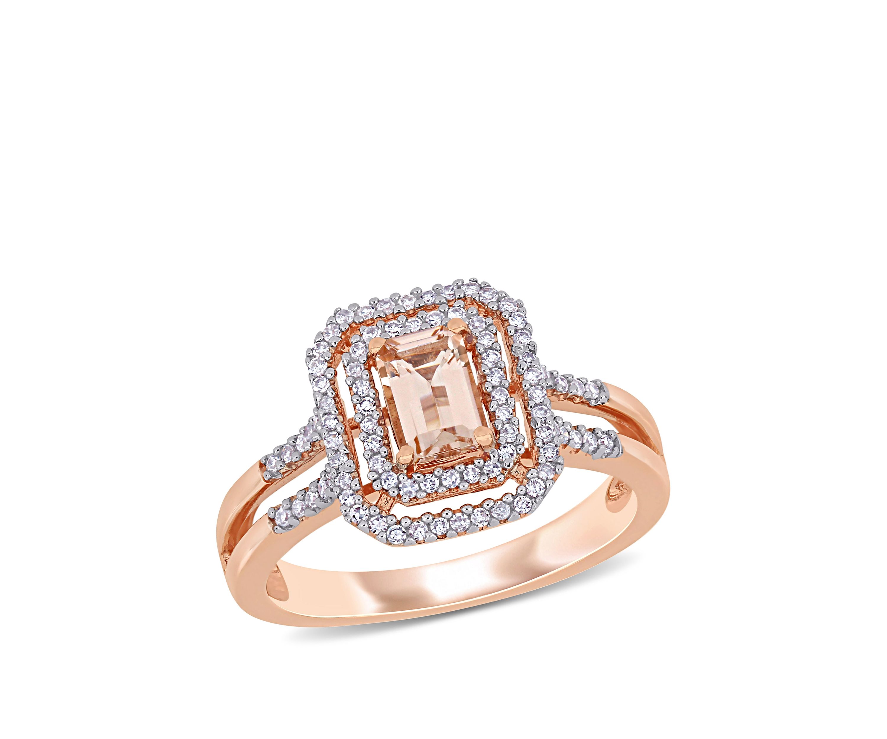 3/5 ct. t.w. Morganite and 1/4 ct. t.w. Diamond Double Halo Ring in 10K Rose Gold