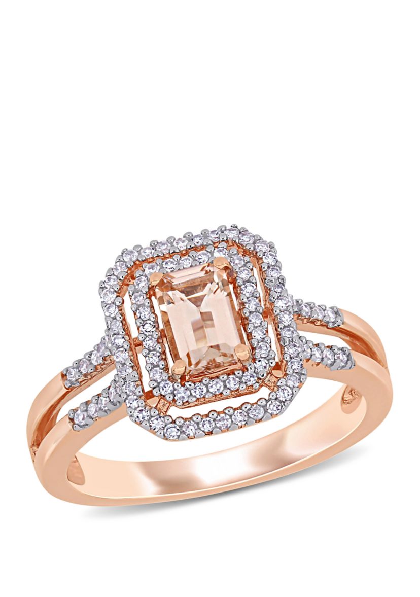 3/5 ct. t.w. Morganite and 1/4 ct. t.w. Diamond Double Halo Ring in 10K Rose Gold