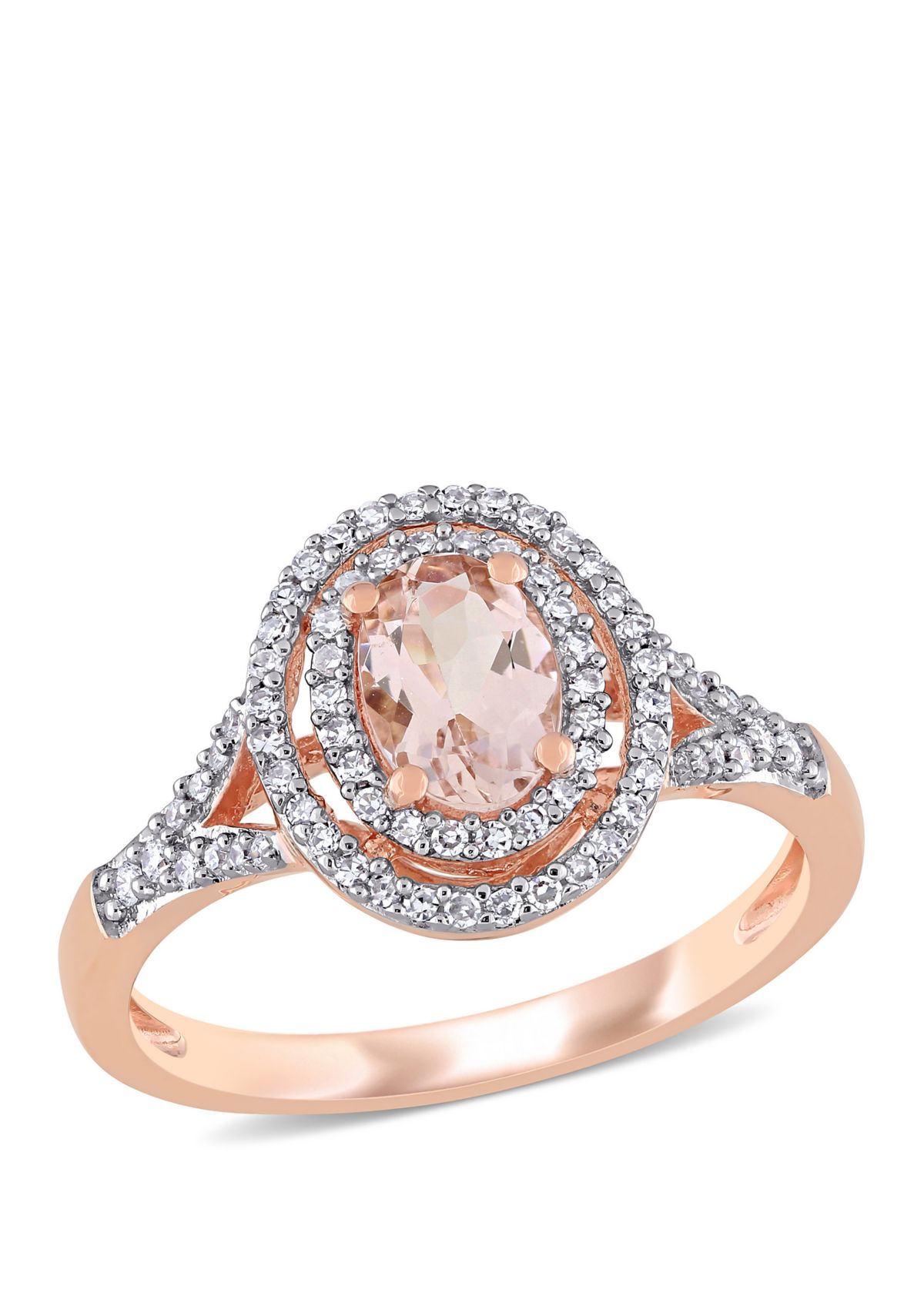 3/4 ct. t.w. Morganite and 1/4 ct. t.w. Diamond Oval Double Halo Ring in 14K Rose Gold 