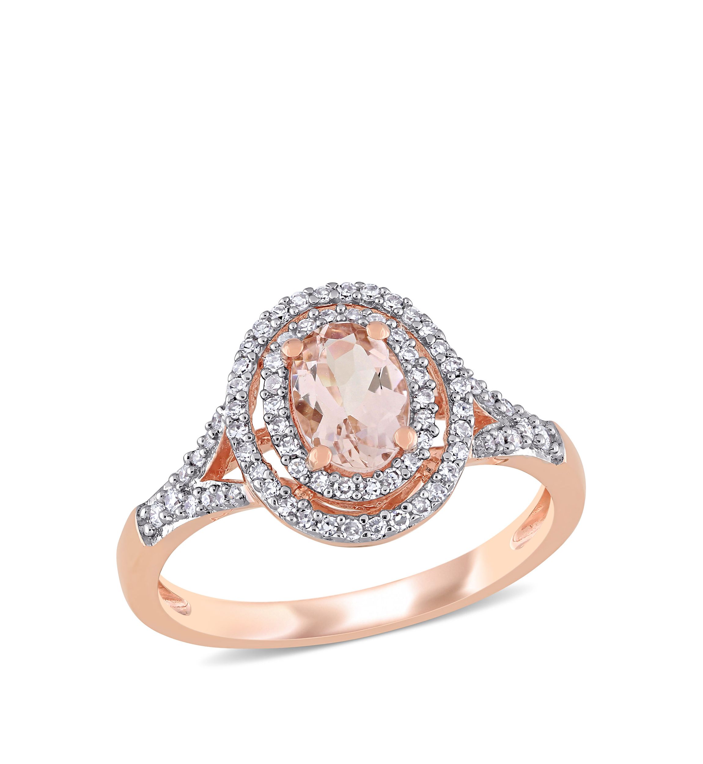 3/4 ct. t.w. Morganite and 1/4 ct. t.w. Diamond Oval Double Halo Ring in 14K Rose Gold 
