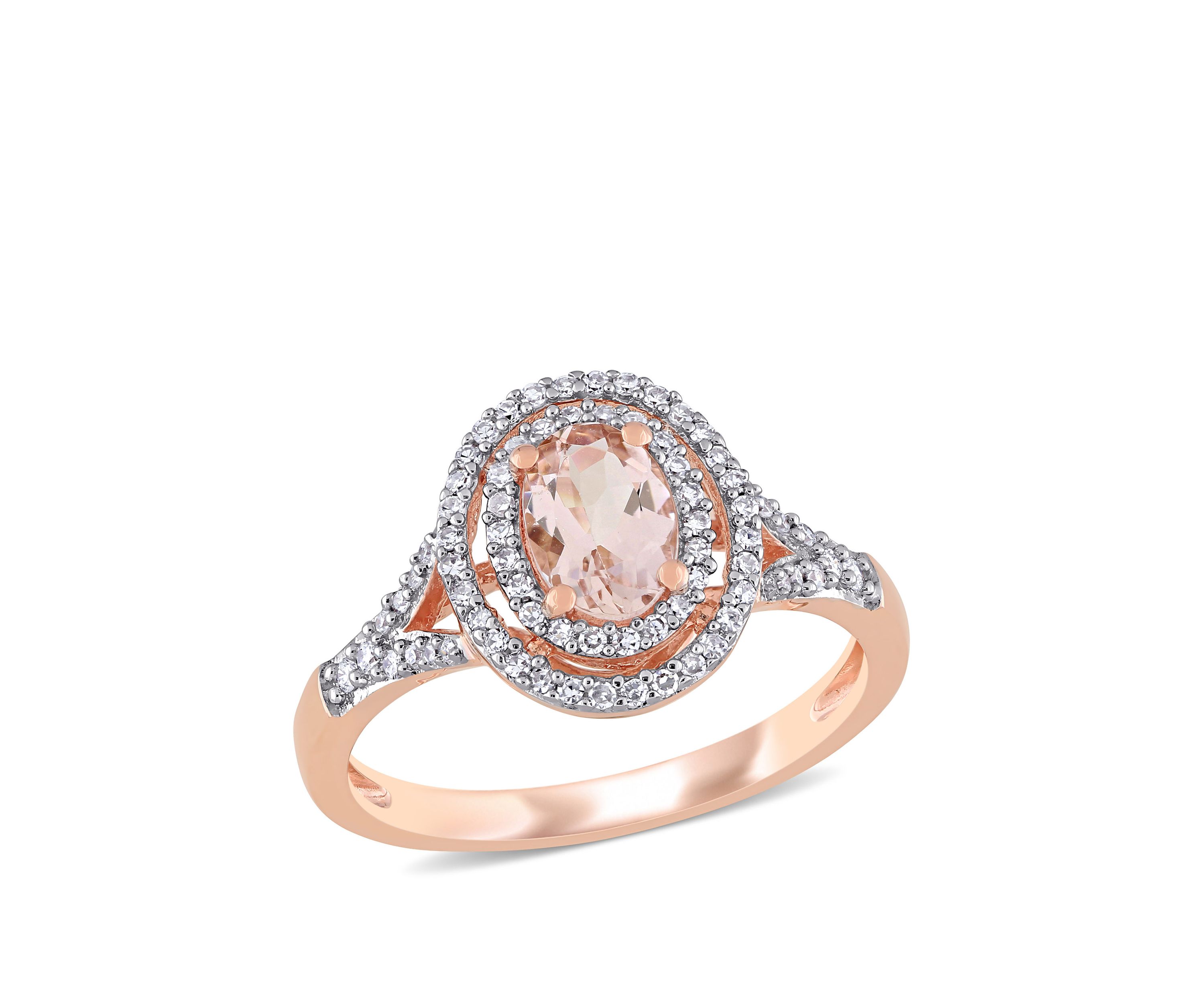 3/4 ct. t.w. Morganite and 1/4 ct. t.w. Diamond Oval Double Halo Ring in 14K Rose Gold 
