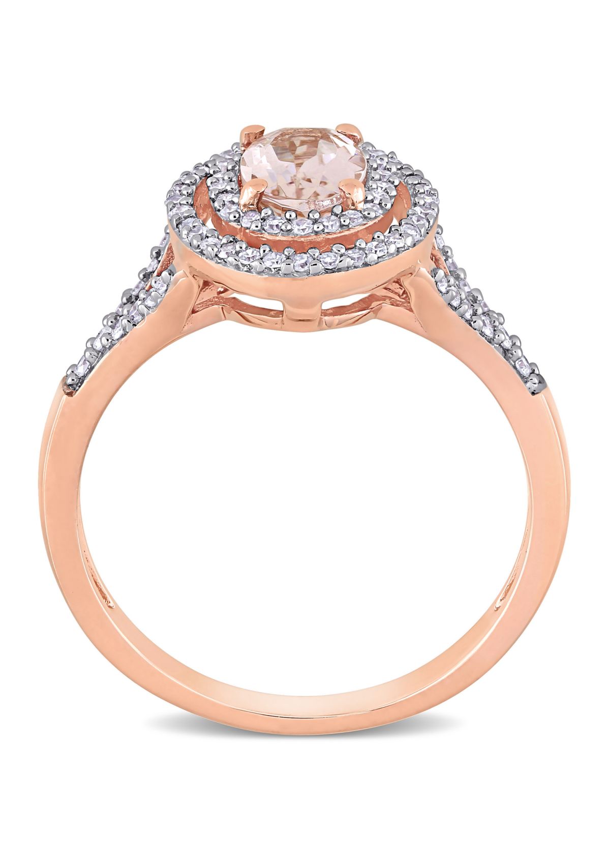 3/4 ct. t.w. Morganite and 1/4 ct. t.w. Diamond Oval Double Halo Ring in 14K Rose Gold 