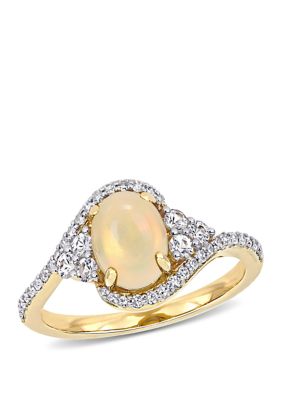 Belk & Co 3/4 Ct. T.w. Opal, 1/3 Ct. T.w. White Sapphire, And 1/5 Ct. T.w. Diamond Oval Halo Ring In 10K Yellow Gold