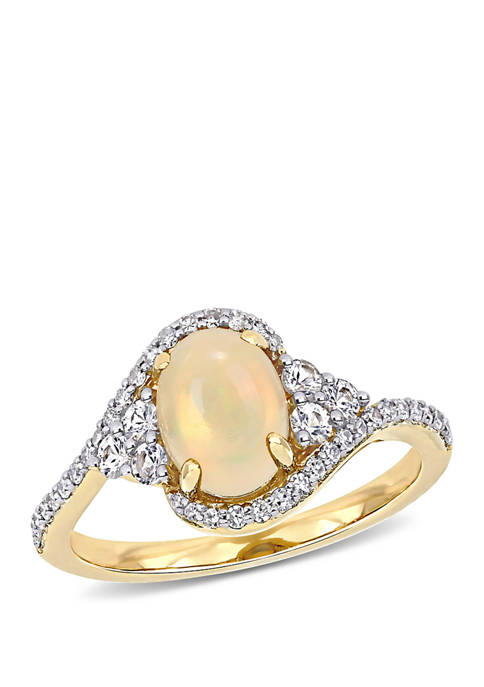  3/4 ct. t.w. Opal, 1/3 ct. t.w. White Sapphire, and 1/5 ct. t.w. Diamond Oval Halo Ring in 10k Yellow Gold